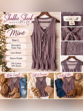 Mine Women’s Large Mauve Lace Babydoll Tunic Top Boho Hippie